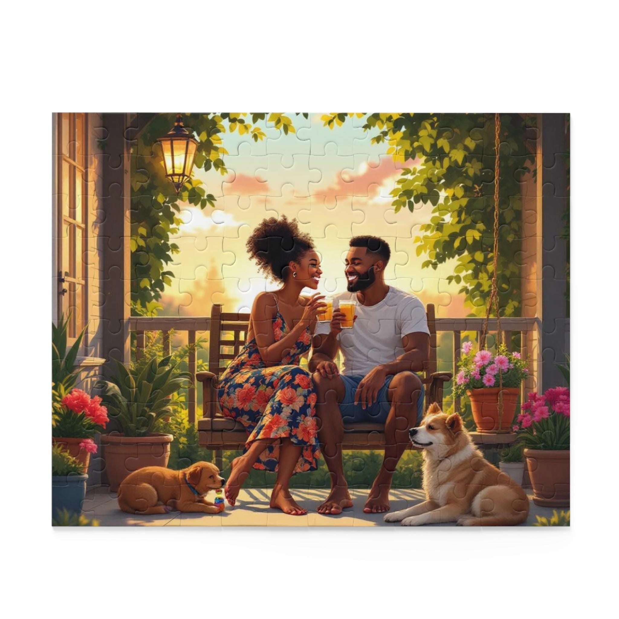 Couple & Dogs Jigsaw Puzzle: Relaxing Porch Scene, Family Bonding