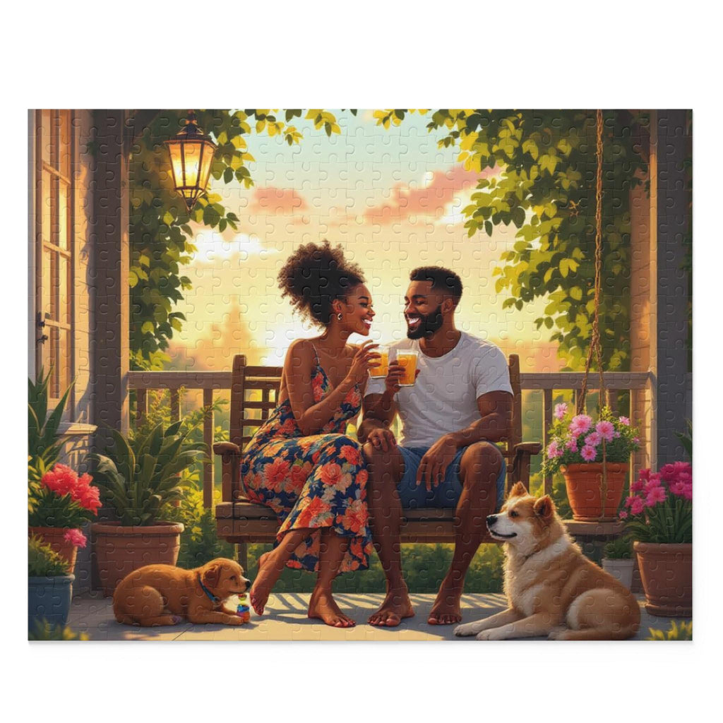 Couple & Dogs Jigsaw Puzzle: Relaxing Porch Scene, Family Bonding