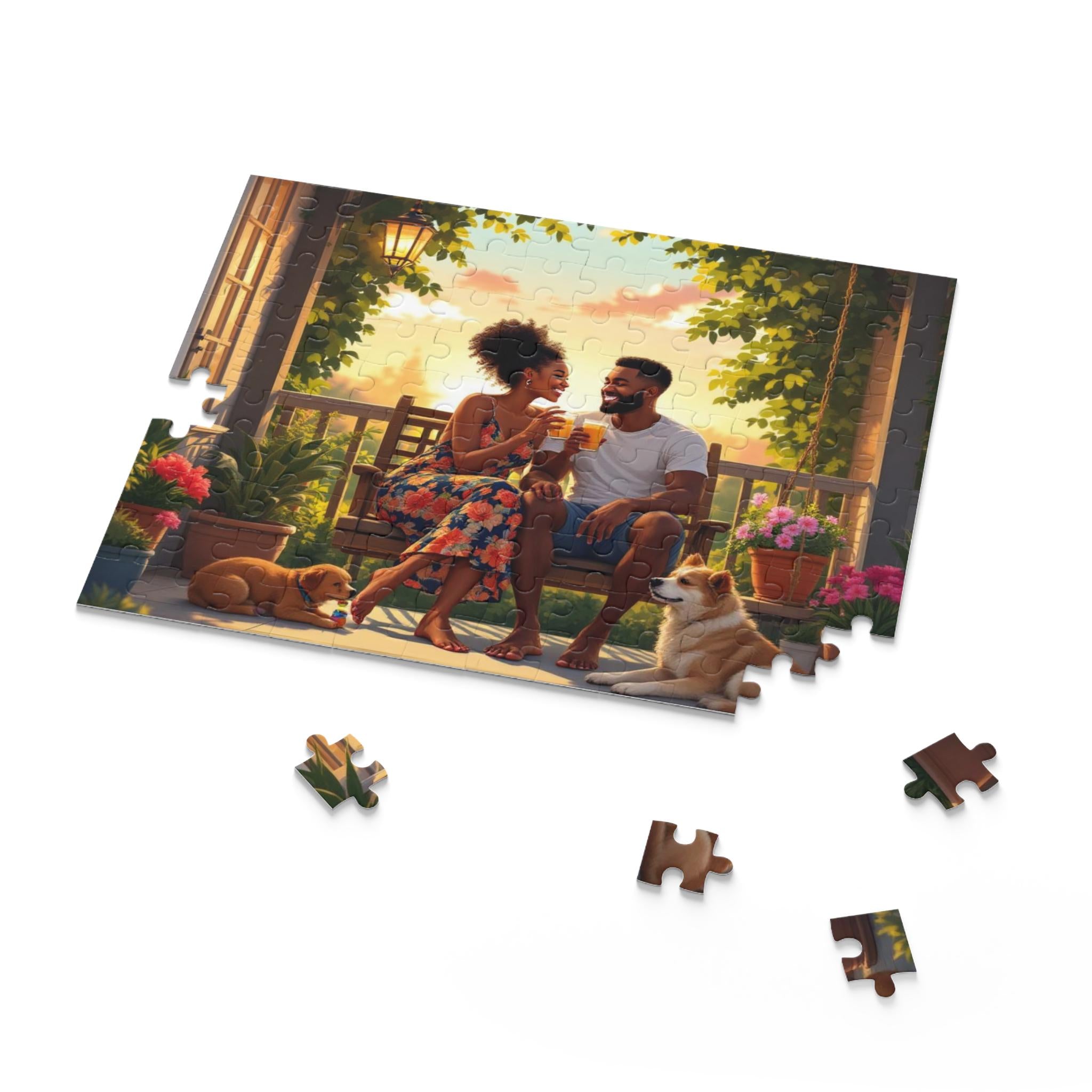 Couple & Dogs Jigsaw Puzzle: Relaxing Porch Scene, Family Bonding