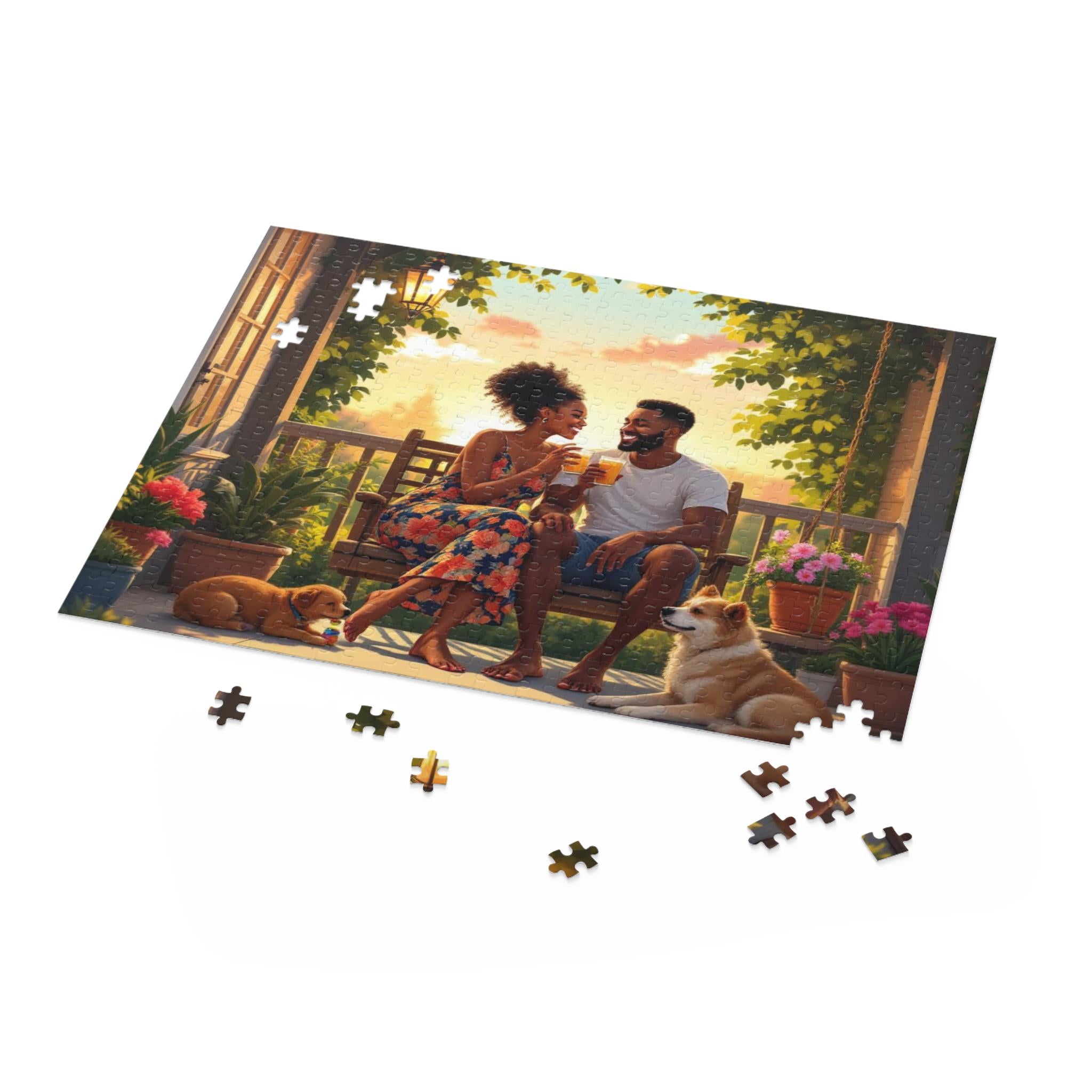 Couple & Dogs Jigsaw Puzzle: Relaxing Porch Scene, Family Bonding