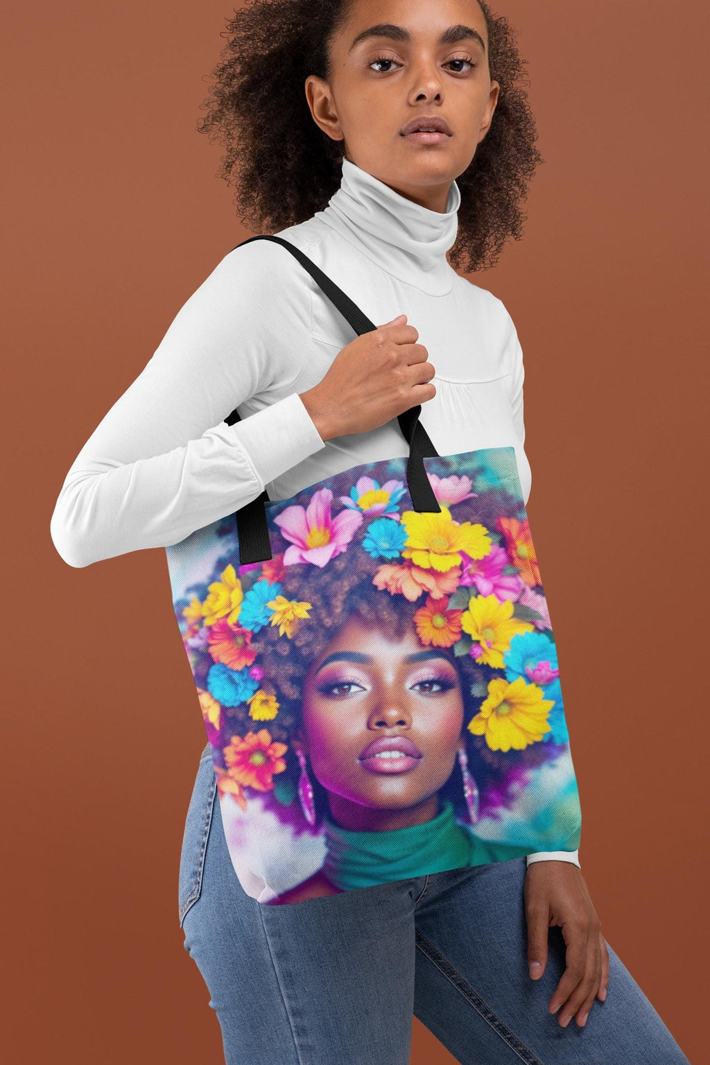 Floral Afro Woman Tote Bag: Reusable Polyester Shopping Bag