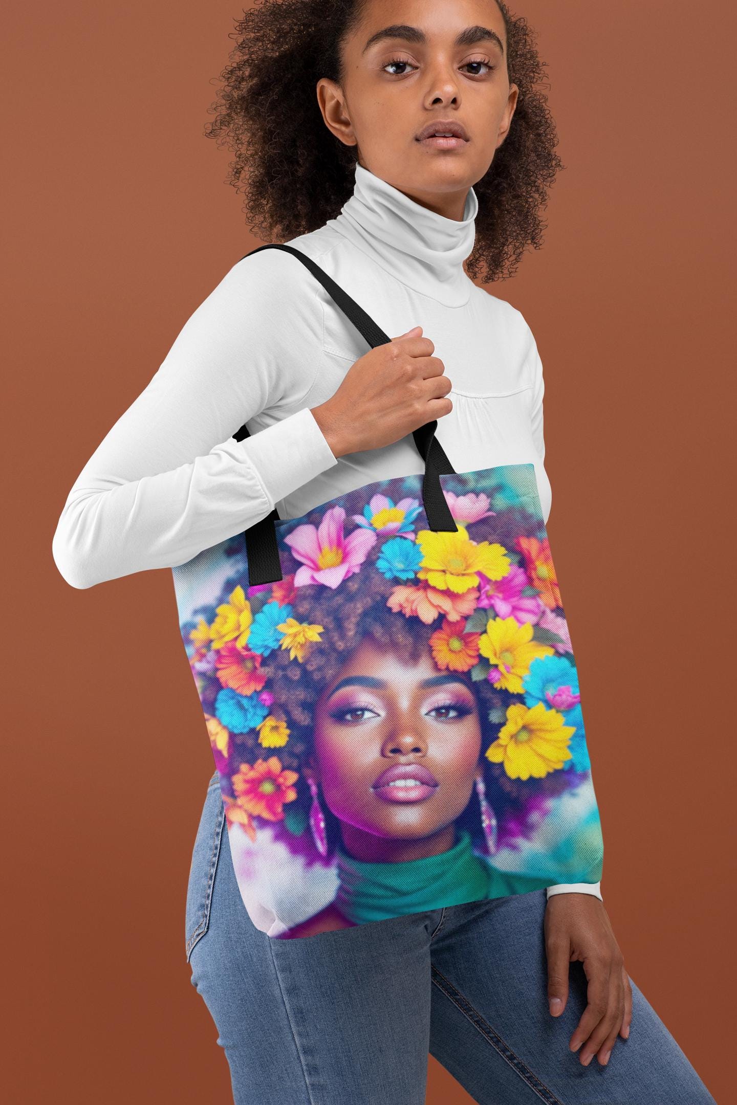 Floral Afro Woman Tote Bag: Reusable Polyester Shopping Bag