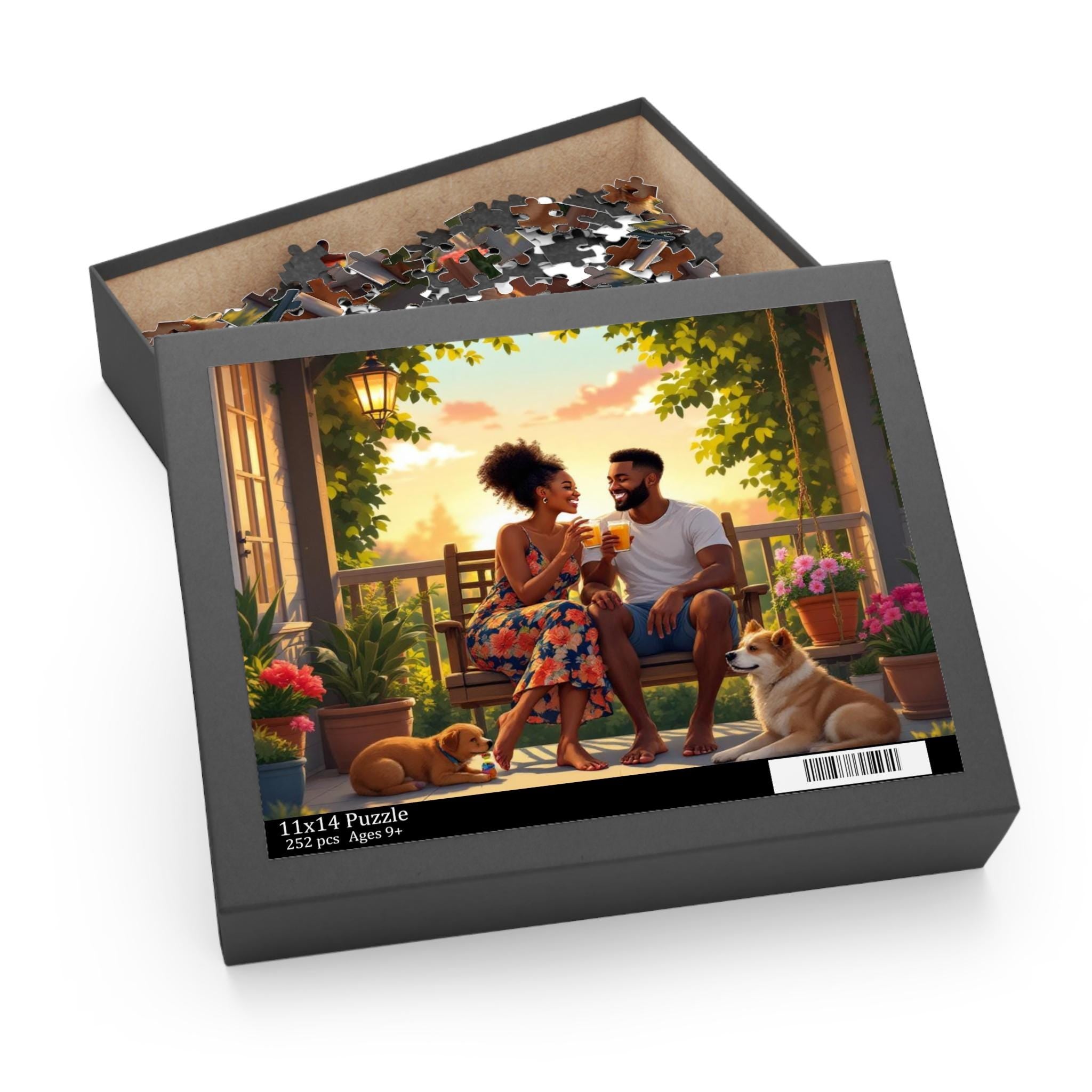 Couple & Dogs Jigsaw Puzzle: Relaxing Porch Scene, Family Bonding