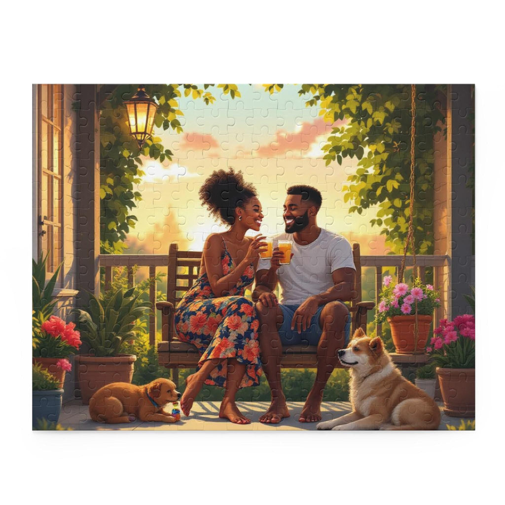 Couple & Dogs Jigsaw Puzzle: Relaxing Porch Scene, Family Bonding