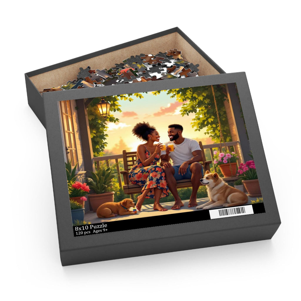 Couple & Dogs Jigsaw Puzzle: Relaxing Porch Scene, Family Bonding