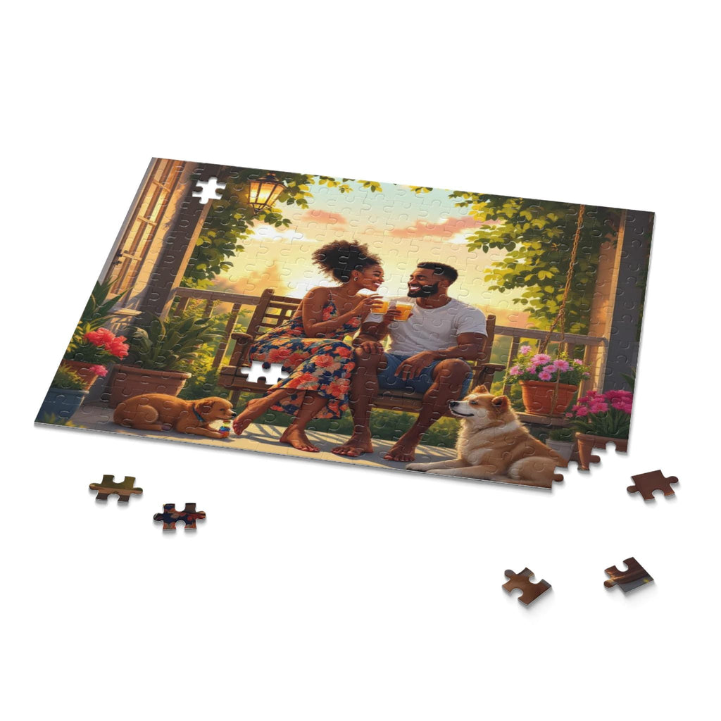 Couple & Dogs Jigsaw Puzzle: Relaxing Porch Scene, Family Bonding