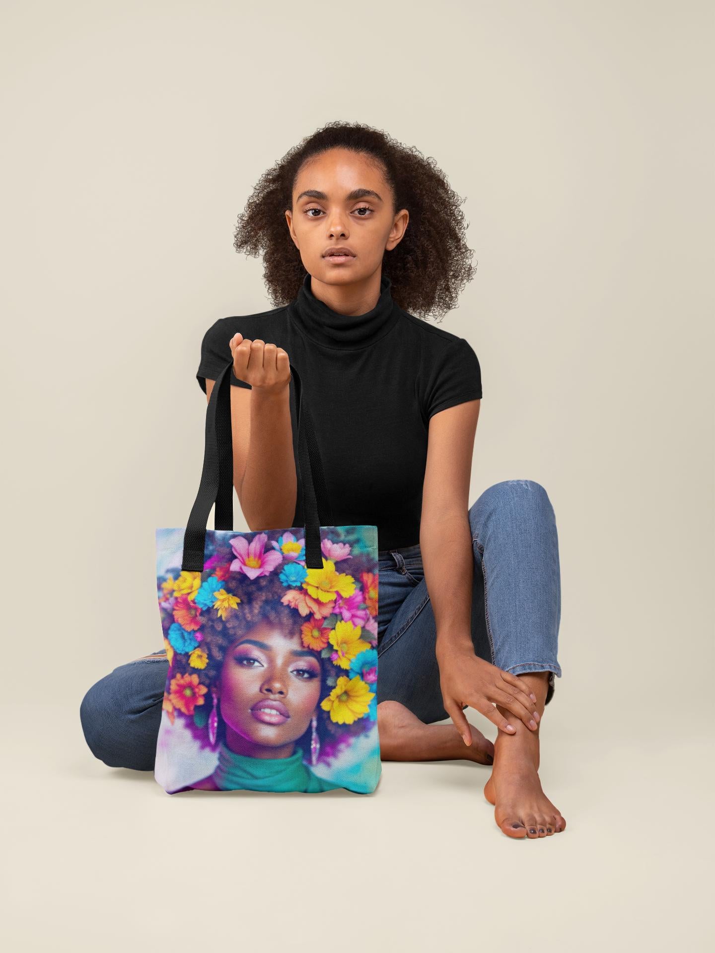 Floral Afro Woman Tote Bag: Reusable Polyester Shopping Bag
