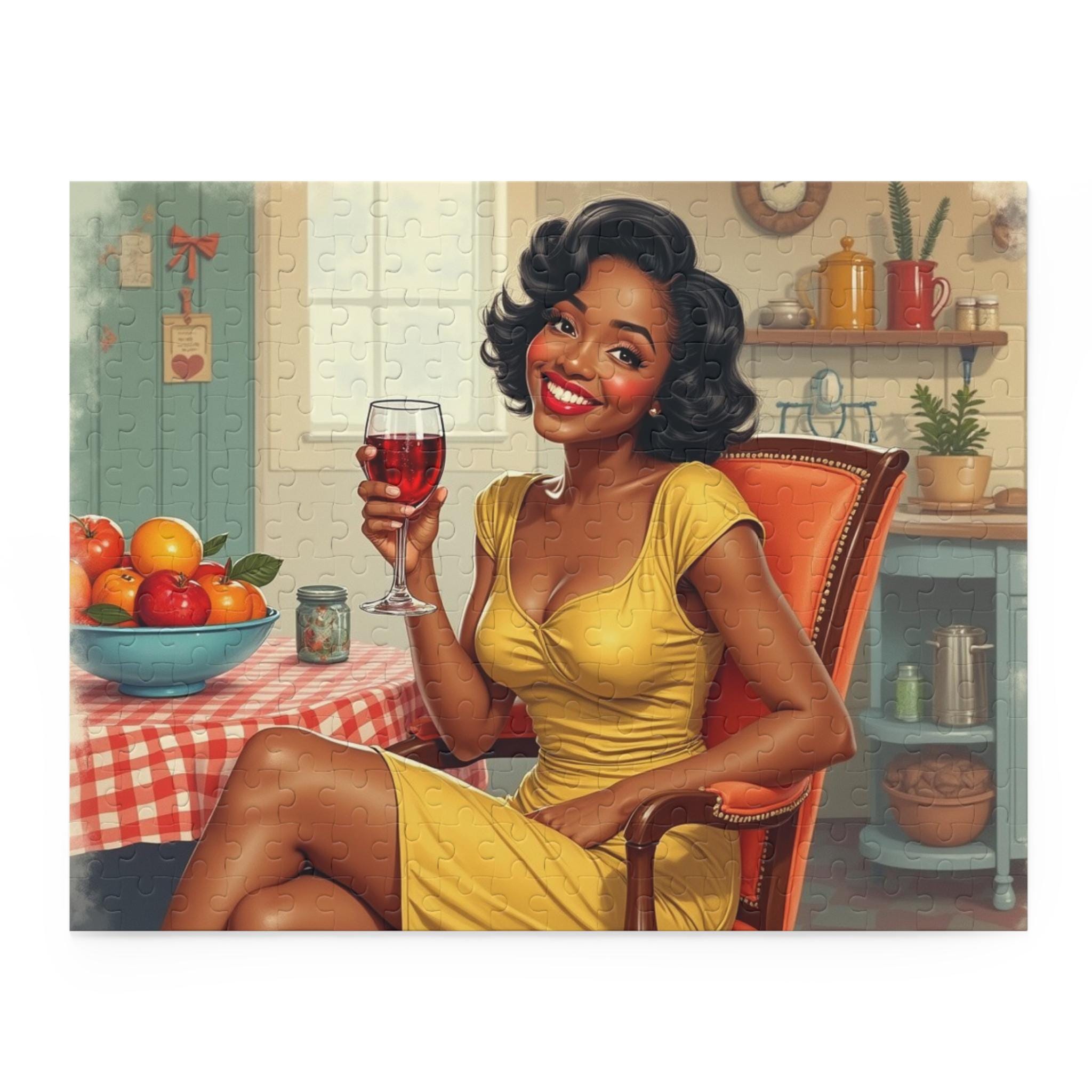 Retro Pinup Woman Holding Wine Puzzle