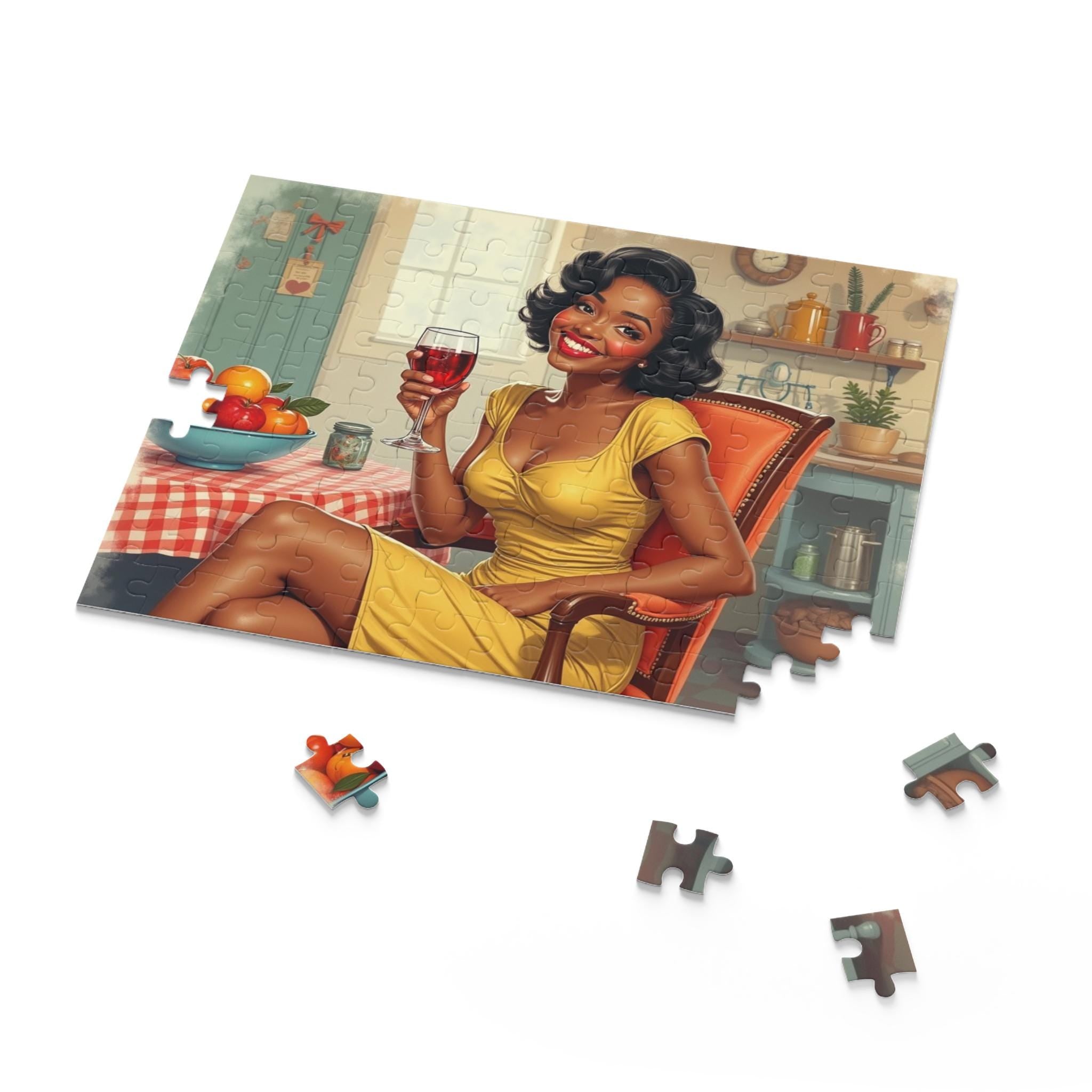 Retro Pinup Woman Holding Wine Puzzle