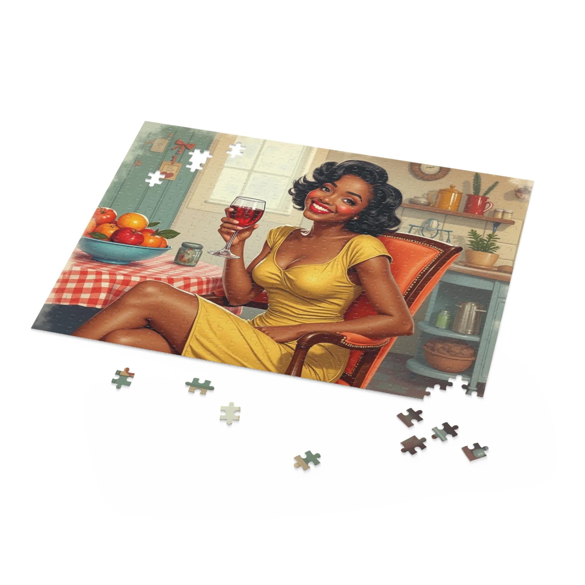 Retro Pinup Woman Holding Wine Puzzle