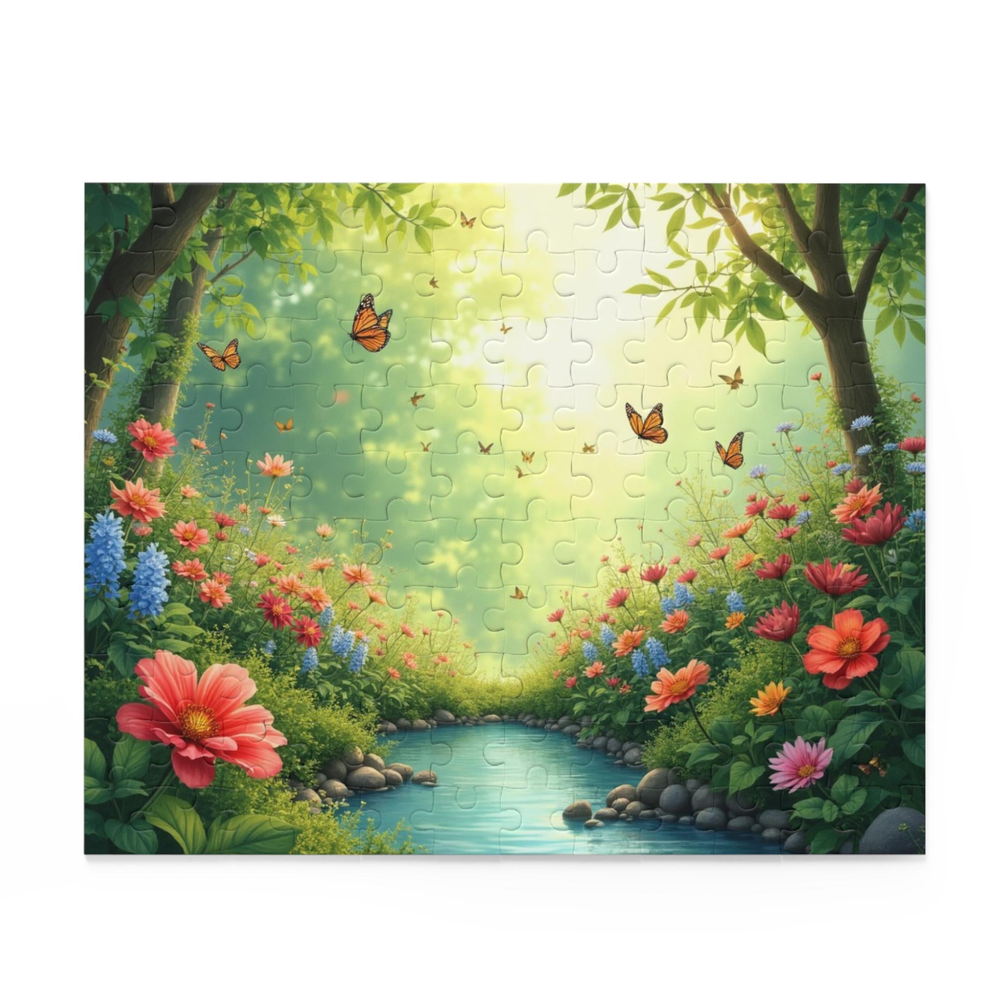 Enchanting Floral Forest Puzzle 500-Piece | River Scene with Butterflies