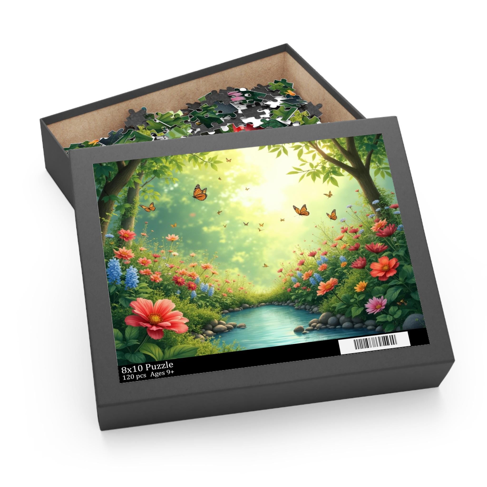 Enchanting Floral Forest Puzzle 500-Piece | River Scene with Butterflies