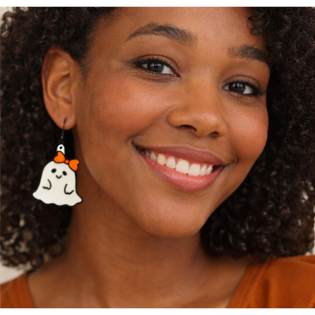 Ghost Bow Earrings Spooky Autumn Jewelry Kawaii Halloween Dangle Lightweight Handmade Accessory Gift