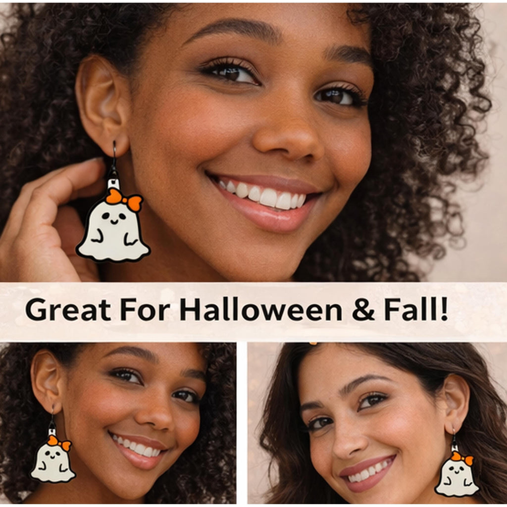 Ghost Bow Earrings Spooky Autumn Jewelry Kawaii Halloween Dangle Lightweight Handmade Accessory Gift