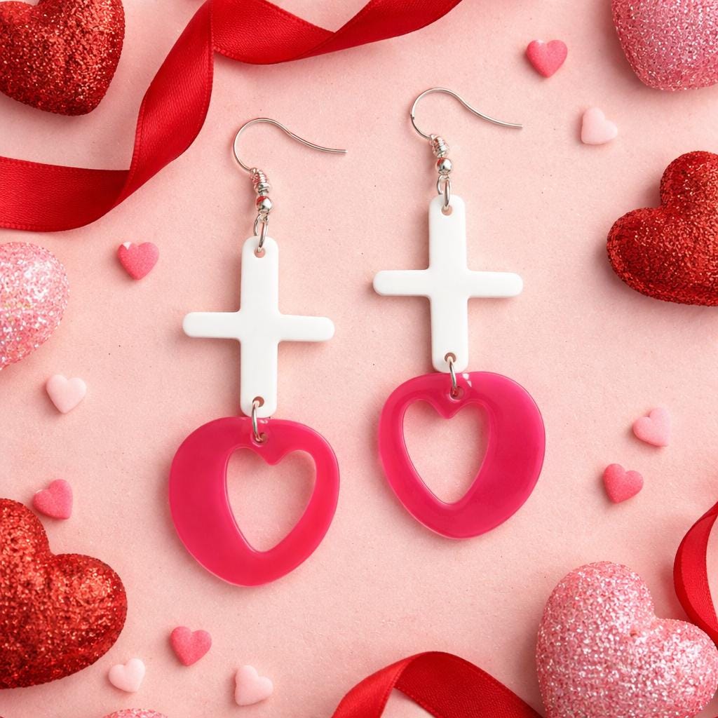 Pink XO Heart Dangle Earrings, Lightweight Romantic Jewelry, 3D Printed Statement Piece