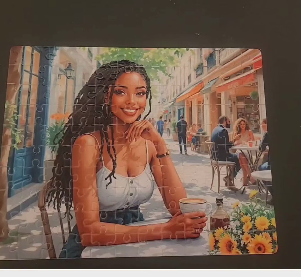 Black Woman Puzzle, Afrocentric Paris Cafe Art, Black Joy Gift, Cultural Activity (120 pcs)